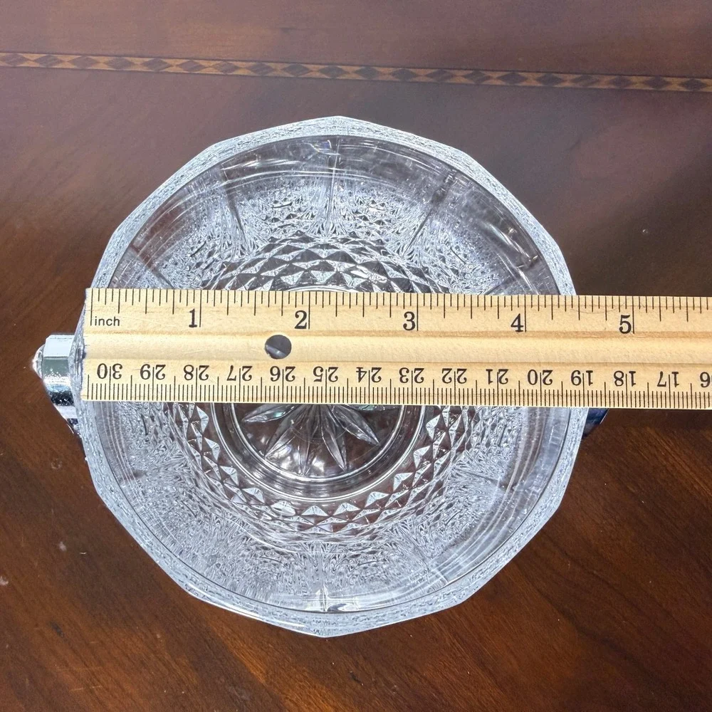 Vintage Cut Crystal Ice Bucket Chrome Handle & Tongs Starburst MCM Barware 5